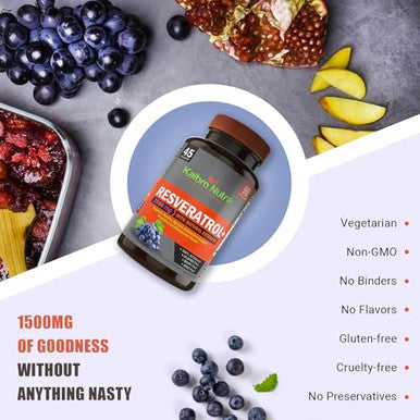 Kaibro Nutra Resveratrol 1500mg per Serving of Organic Trans Resveratrol and Potent Antioxidants Pure Extra Strength Complex Anti Aging Radiant Skin and Immunity Support 45 Day Supply