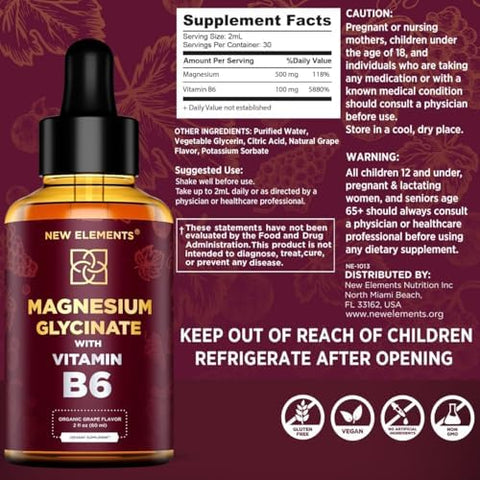 Elements Liquid Magnesium Glycinate Drops With Vitamin B6 - Magnesium Supplement 500Mg & Vitamin B6 100Mg Non-Gmo No Gluten Stress Relief Sleep & Relaxation Muscle & Heart Support Natural & Vegan
