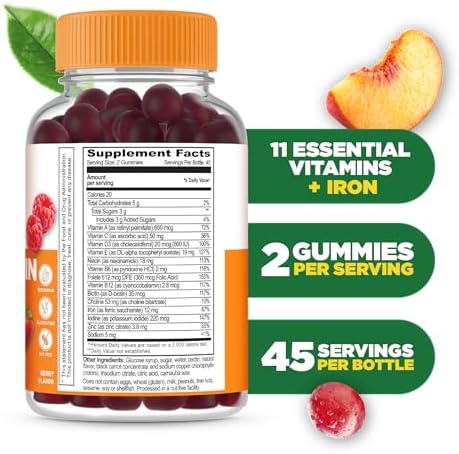 Lifeable Multivitamin with Iron for Adult 13 Essential Vitamins and Minerals for Men and Women Great Tasting Naturally Sourced Berry Flavor Vegetarian NonGMO 90 Gummies