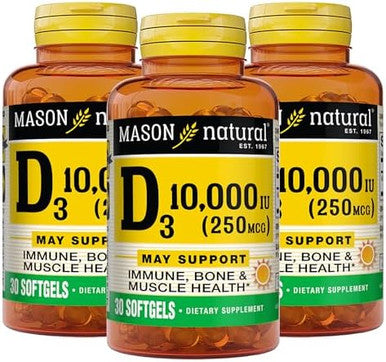 Mason Natural Vitamin D3 250 Mcg (10000 Iu) Supports Overall Health From Corn Oil 60 Softgels (Pack Of 3)