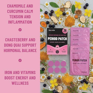 Tolevita Period Relief Patches Herbal Cramp Support With Chasteberry Magnesium Evening Primrose Dong Quai Curcumin Vitamins B6 And E Iron Chamomile Hormonal Balance And Menstrual Comfort 36 Pcs