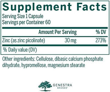 Genestra Brands Zinc Picolinate Formula Supports Immunity, Skin, And Connective Tissue Formation 60 Capsules