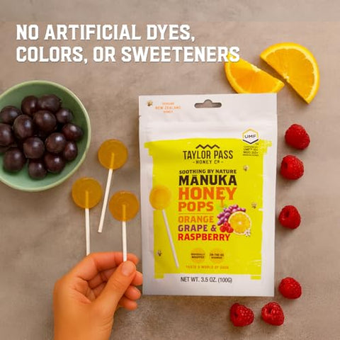 Taylor Pass Honey Co MÃ„Ânuka Honey Pops UMFÃ¢â€žÂ¢ 10+ | Manuka On-the-Go Lollipops for Kids & Adults | Sore Throat & Immune Support | 13 Individually Wrapped | Orange, Grape, Raspberry | Made in New Zealand