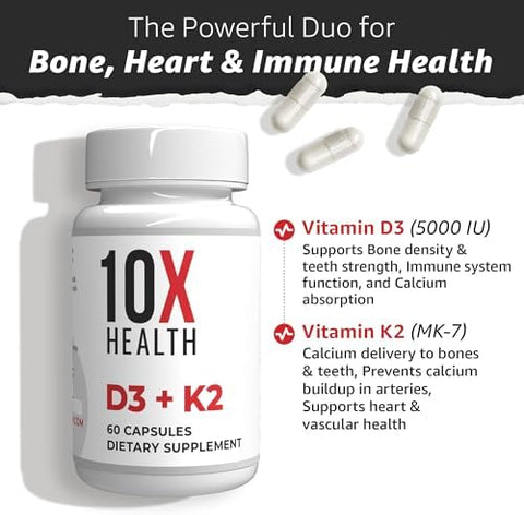 10X Health Vitamin D3 5000 IU and K2 MK7 Menaquinone 7 HighPotency D3 K2 Vitamin Supplement for Bone Health Heart and Teeth 125 mcg Vitamin D and 90 mcg Vitamin K260 Capsules