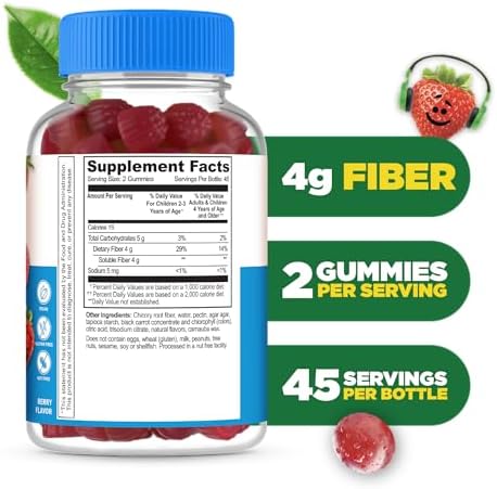 Lifeable Sugar Prebiotic Kids Fiber Gummies 4G Fiber For Kids Great Tasting Vegetarian Fiber Supplements For Kids For Digestive Health Fiber Gummies For Kids 90 Probiotics Gummies