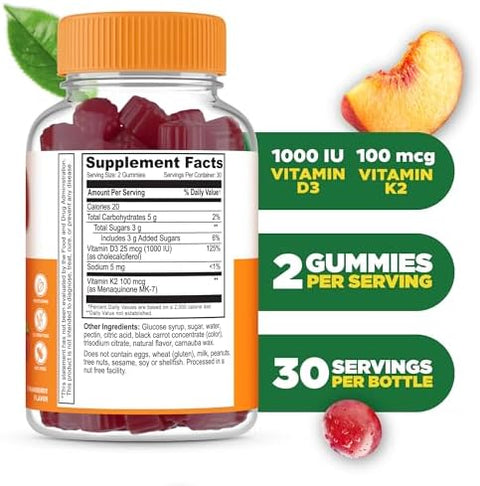 Lifeable Vitamin D3 K2 Gummies for Adults 1000iu D3 and K2 100mcg Great Tasting D3 and K2 Supplements for Bone Health and Immunity VIT D3 K2 for Adults Men and Women 60 Gummies