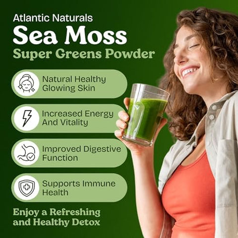 Atlantic Naturals Organic Sea Moss Super Greens Powder Greens Superfood with 12 Vegetables 15 Fruits Probiotics 16 Herbs and Spices Digestive Health Energy Skin and Immunity Mixed Berry Flavor