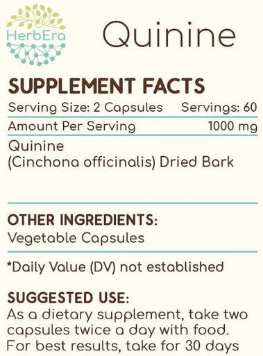 HerbEra Quinine 120 Capsules, 1000 mg, Wildcrafted Quinine (Cinchona officinalis) Dried Bark (120 Capsules)