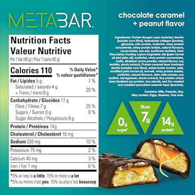 No Sugar Meta Bar Chocolate Caramel + Peanut Flavour Low Carb Snacks Keto Food Sugar Treats Gluten Healthy Snack Foods Diabetic Friendly Ketogenic Products (12 X 40G Bars = 480G Box)