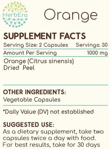 HerbEra Orange 60 Capsules, 500 mg, Orange (Citrus Sinensis) Dried Peel (60 Capsules)