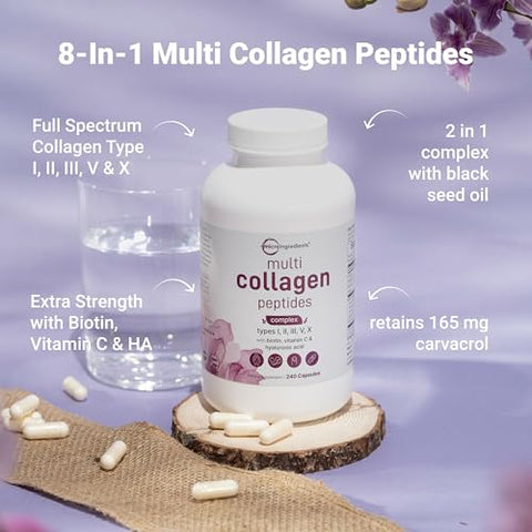 Micro Ingredients 8-In-1 Multi Collagen Pills & Mega Probiotics 200 Billion Cfu Veggie Capsules 2 Pack Bundle Hydrolyzed Peptides Hyaluronic Acid & Vitamin C 40 Strains Inulin & Bromelain