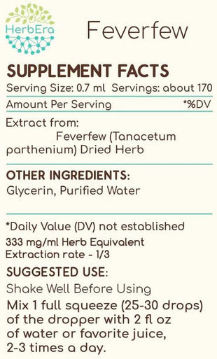 Feverfew B120 Alcohol-Free Herbal Extract Tincture, Concentrated Liquid Drops Natural Feverfew (Tanacetum parthenium) (4 fl oz)