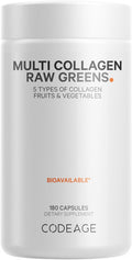 Codeage Multi Collagen Protein + Organic Raw Greens Superfood Capsules Supplement 21 Fruits & Veggies Grass-Fed Hydrolyzed Collagen Peptides 5 Types All-in-One 180 Count