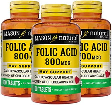 Mason Natural Folic Acid 800 Mcg Helps Nervous System Function Daily Supplement For Health Mood And Prenatal Care For Women Of Childbearing Age 100 Tablets (Pack Of 3)
