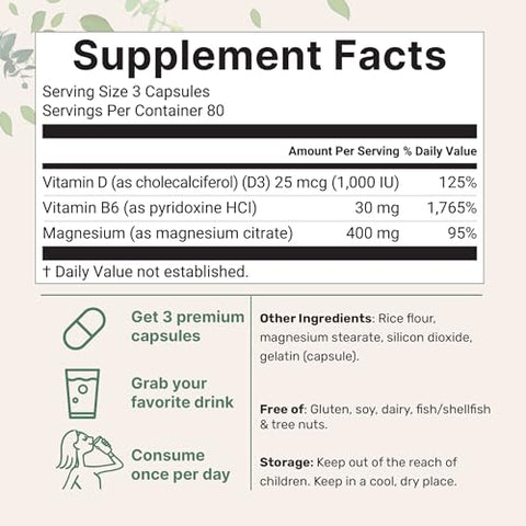 Micro Ingredients Magnesium Citrate 400Mg 240 Capsules With Vitamin D3 1000Iu & B6 Muscle Heart & Digestive Health Elemental Mineral & Vitamins Complex Non-Gmo