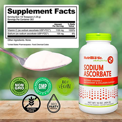 NutriBiotic Sodium Ascorbate Buffered Vitamin C Powder Vegan NonAcidic and Easier on Digestion Than Ascorbic Acid Essential Immune Support and Antioxidant Supplement Gluten and GMO 16 Oz