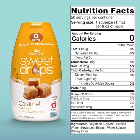 SweetLeaf Sweet Drops Flavored Stevia Liquid Sweetener Stevia Extract Zero Calories Gluten Free Keto Friendly Non GMO Natural Flavors Sugar Alternative Caramel 1.7 Fl Oz (Pack of 1)