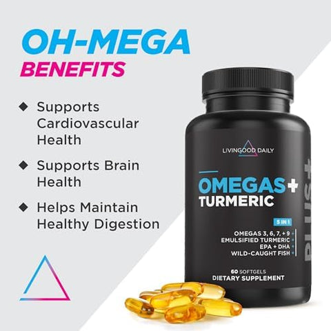 Livingood Daily Triple Omega 3 6 9 Supplement Plus Turmeric Curcumin Dha & Epa Fish Oil Supplements For Brain & Heart Health And Joint Support Advanced Absorption Gluten Non Gmo 60 Softgels