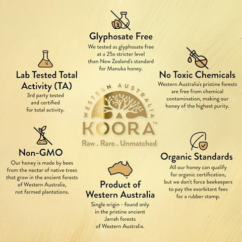 KOORA Marri Honey TA 25+ (MGO 1197+ Manuka Honey Rating Equiv.) Low GI, Raw Medicinal Honey for Daily Health & Immune Support, from the Ancient Wild Forests of Western Australia, 8.8 oz