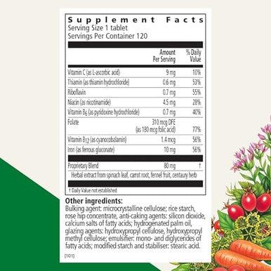 Floradix Iron Tablets Iron Supplement With Folic Acid Vitamin C & More Energy Support Vegetarian Gluten 120 Tablets