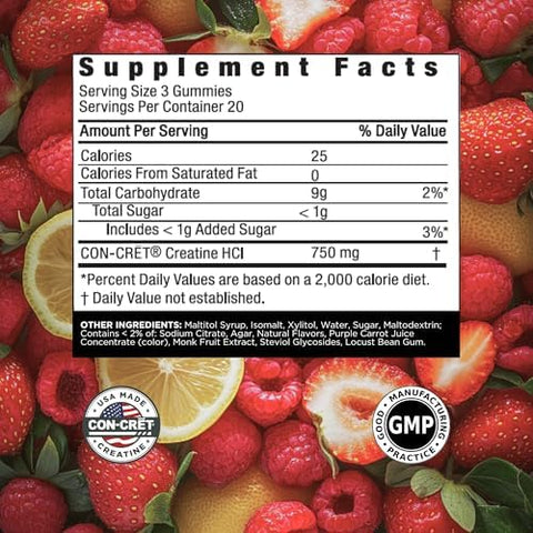 Concret Creatine Hcl Gummies For Men & Women Muscle Cognitive Cellular Energy Support No Bloating Or Cramps Usa Made Berry Zing (60 Count)