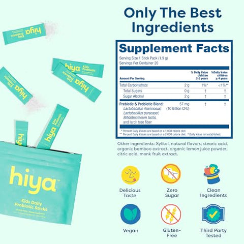 Hiya Kids Probiotic 10 Billion Cfu With Clinically-Studied Strains For Ages 2 Supports Gut Health & Immune 0G Sugar 20 Stick Packs For Toddlers & Kids
