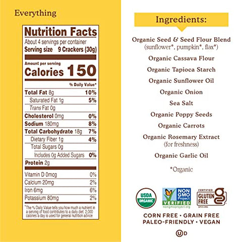 Simple Mills Organic Seed Crackers, Everything, Gluten Free, Flax Seed, Sunflower Seeds, Corn Free, Low-Calorie Snacks, Plant Based, Nutrient Dense, 4.25oz, 3 Count