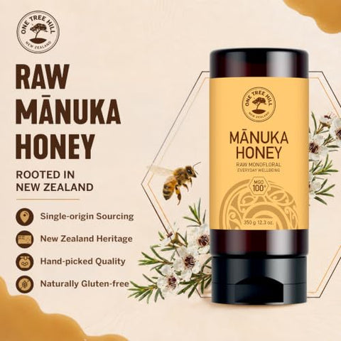 One Tree Hill New Zealand Manuka Honey, MGO 100+ Certified Raw Manuka Honey, Monofloral, 100% Pure Single-Origin, Squeeze Bottle for Toast, Yogurt, Oatmeal, Baking - 12.3 oz (350 g)