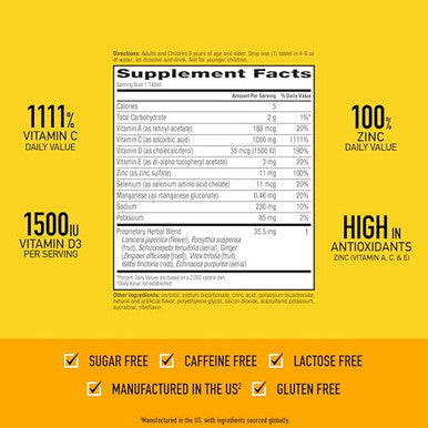 Airborne 1000Mg Vitamin C With Zinc Effervescent Tablets, Immune Support Supplement With Powerful Antioxidants Vitamins A C & E - 10 Fizzy Drink Tablets, Zesty Orange Flavor