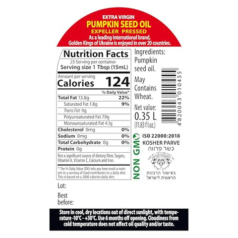Pumpkin Seed Oil 11.83 OZ - Pure Extra Virgin Unrefined Cold Pressed Vegetable Oil for Cooking