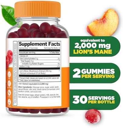 Lifeable Lions Mane Gummies For Adults Great Tasting Lions Mane Mushroom Extract Vegan Kosher Nongmo Mushroom Gummies Brain Support Supplement 60 Count