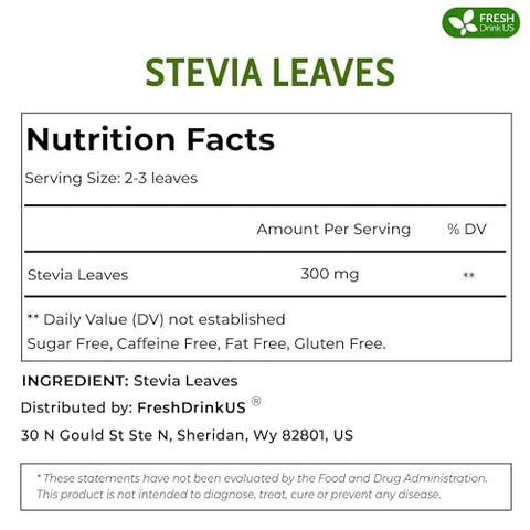 FreshDrinkUS Premium 300+ Natural Stevia Leaves Whole Dried Leaves 100% Pure Stevia Dried Leaves Zero Calorie Sweetener No Additives No Caffeine Vegan