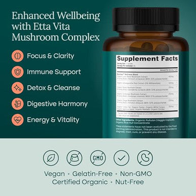Etta Vita Usda Organic Lions Mane Supplement Capsules With Ashwagandha Chaga Reishi