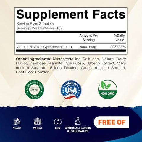 Vitamatic Vitamin B12 5000 mcg 365 Fast Dissolve Tablets Berry Flavor Supports Energy Production and Nervous System Health NonGMO GlutenFree