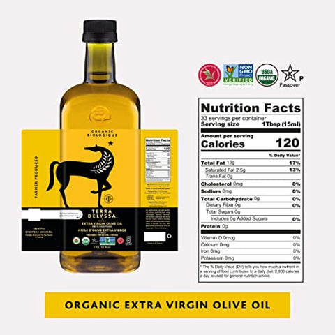 Terra Delyssa First Cold Pressed Organic Extra Virgin Olive Oil, Single Sourced, 1.5L Dark Plastic Bottle (51 fl. oz) - 1 Pack, Certified Kosher. Non-GMO, Naturally Rich in Antioxidants and Polyphenols