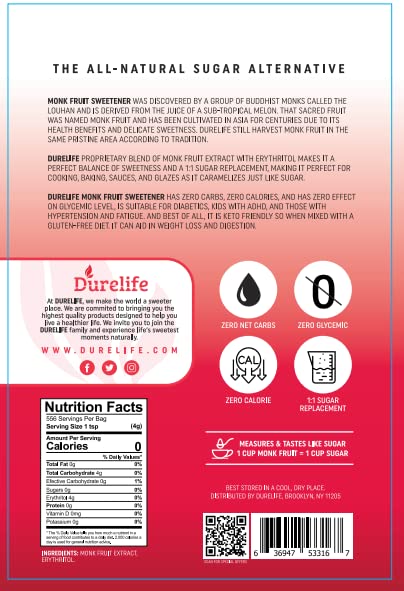Durelife Monk Fruit Sweetener, Classic - White Sugar Substitute, Keto Diet Friendly, 1:1 Sugar Replacement, Zero Calorie, Classic White - 1 lb pack of 2 (Packaging May Vary)