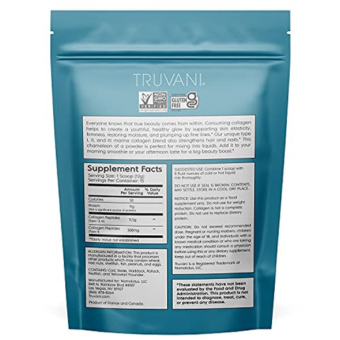 Truvani Wild Caught Hydrolyzed Marine Collagen Protein Powder Collagen Protein Supplement With Type 12 & 3 Non-Gmo Gluten Free Fish Collagen 15 Servings