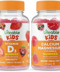 Lifeable Vitamin D Kids + Calcium Magnesium Kids Gummies Bundle Great Tasting Vitamin Supplement Gluten Gmo Chewable Gummy