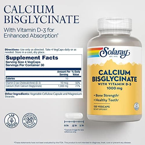 SOLARAY Calcium Bisglycinate Supplement 1000 mg for Women and Men Calcium with Vitamin D3 Bone Strength and Teeth Health Support Chelated Capsules Easy to Digest 120 Veg Cap Count