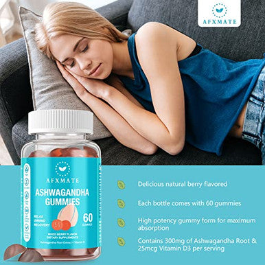 Afxmate Ashwagandha Gummies & Vitamin D Gummies For Men & Women 120 Count Aswangdha Supplement (Non-Gmo Sugar Free & Gluten Free)