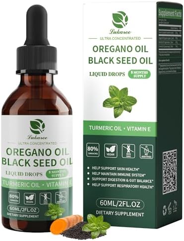 Lukaree Oil Of Oregano With Black Seed Oil 4 In 1 Oregano Oil Drops With Turmeric Oil & Vitamin E 80% Carvacrol Immune Respiratory Digestive " Vegan Sugar Nongmo " 8 Month Supply 2 Fl Oz