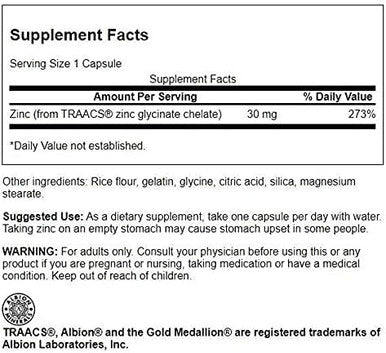 Swanson Albion Chelated Zinc Glycinate 30 Milligrams 90 Capsules (2 Pack)