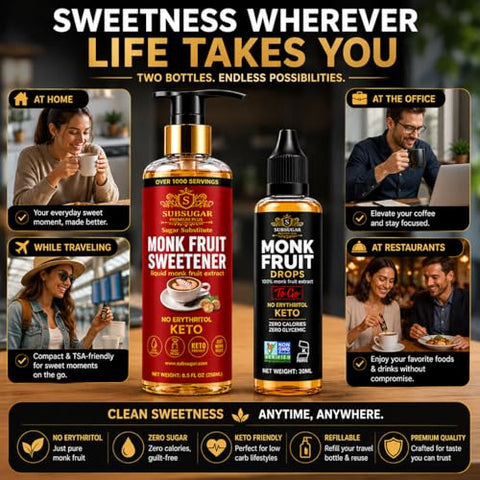 SubSugar Pure Monk Fruit Sweetener Home & Travel Bundle ÃƒÂ¢Ã¢â€šÂ¬Ã¢â‚¬Å“ 250ml Liquid Monk Fruit Drops + 30ml Travel Size ÃƒÂ¢Ã¢â€šÂ¬Ã¢â‚¬Å“ No Erythritol, Zero Sugar, Keto Friendly