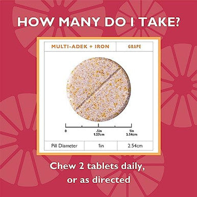 Celebrate Vitamins Multi Adek Chewables, 60Mg Iron - Daily Bariatric Multivitamin, Vitamins A, D, E, K & B12 For Duodenal Switch Surgery Patients - Grape (60 Tablets)