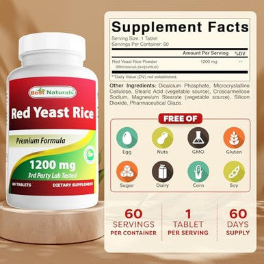 Best Naturals Red Yeast Rice 1200 Mg 60 Tablets (Citrinin )
