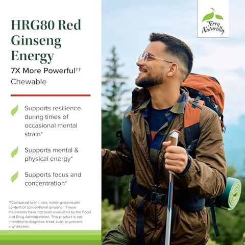 Terry Naturally Hrg80 Red Ginseng Energy Support Healthy Energy & Focus Herbal Supplement With Korean Red Ginseng Root Powder Tablets To Aid Healthy Endurance 30 Chewable Tablets (Pack Of 2)