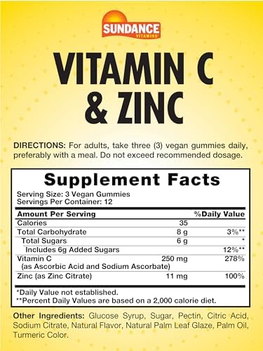 Sundance Vitamin C Gummies with Zinc for Adults 36 Count Lemon Flavor Vegan NonGMO and Gluten Free Supplement