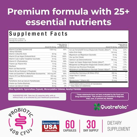 Naturegenx Methyl Prenatal With Probiotics Prenatal Vitamins For Women With Iron Methyl Folate Ginger Active B12 & 28 Nutrients Vegan Non-Gmo Gluten-Free 60 Capsules (1-Month Supply)