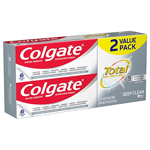 Colgate Total Toothpaste With Stannous Fluoride And Zinc Multi Benefit Toothpaste With Sensitivity Relief And Cavity Protection Deep Clean 4.8 Ounce (Pack Of 2)