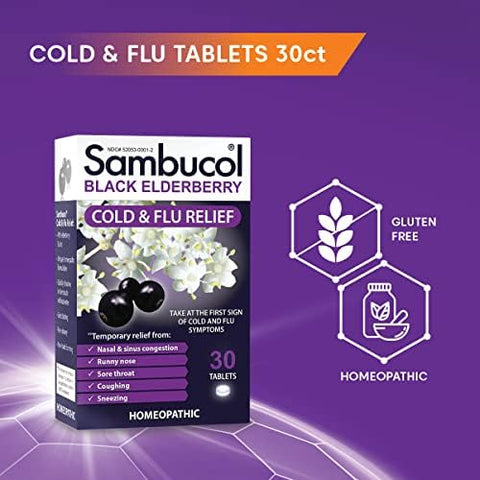 Sambucol Cold And Flu Relief Tablets - Homeopathic Cold Medicine Cold Remedy For Adults Black Elderberry For Colds Zinc Cold Remedy - 30 Count
